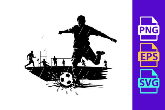 Soccer Player Kicking Ball in Rain: Dynamic Clipart for Impactful Designs